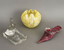 A group of three pieces of decorative glass - comprising a moulded glass ashtray in the form of a