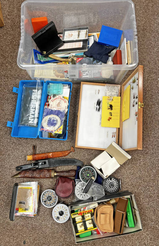 FISHING TACKLE - 2 SHAKESPEARE BEAULITE 3 1/4 FLY REELS, FLY BOXES WITH VARIOUS CONTENTS,
