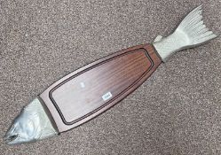 DICAMO WOOD AND METAL SALMON SERVING PLATTER MARKED MADE IN FRANCE TO REAR WITH DICAMO MAKERS MARK,