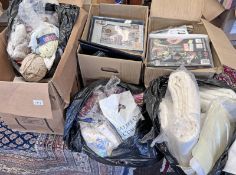 3 BOXES AND 3 BAGS OF VARIOUS ARTS AND CRAFTS RELATED ITEMS TO INCLUDE FABRICS, PENS, PATTERNS,