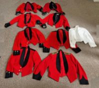 6 RED MESS JACKETS WITH KOSB (KINGS OWN SCOTTISH BORDERS) BUTTONS,