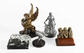 Five Assorted Car Mascots, to include a chromed Peugeot lion, a brass mascot in the form of a winged