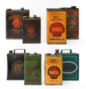 A BP Petrol Can (lacking cap), Four Shell Lubricating and Motor Oil Cans, A Wakefield Castrol