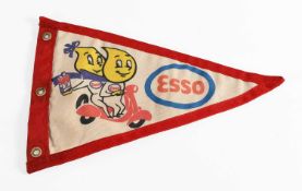 A 1950’s/60’s Double-Sided Esso Fabric Pennant, one side decorated with two figures on a Scooter,