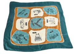 A Porsche Silk Scarf, with eight panels depicting various motor cars, dated 1900, 1910, 1925,