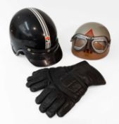 A Vintage Everoak Motorcycle Helmet, later painted and initialled RH A Pair of Halcyon Brown Leather