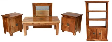 Modern Mango Wood Furniture, comprising a bookcase, 100cm by 36cm by 180cm, a coffee table, a pair