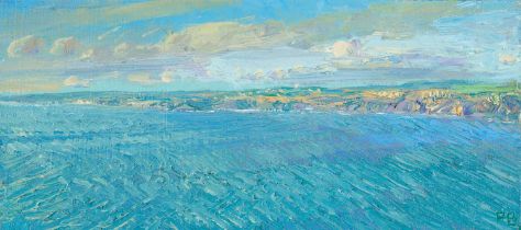 Piers Browne (1949-2024) "August Sunset Glow on Cliffs off St Bride's Bay" Initialled, inscribed and