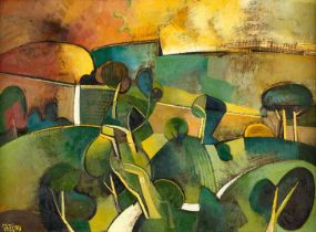 Geoffrey Key (b.1941) "Evening Hillside" Signed and dated (20)00, inscribed verso, oil on canvas,