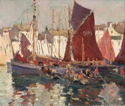 Rowland Fisher RA, RMSA, ROI (1885-1969) Harbour scene Signed, oil on canvas, 35.5cm by 42cm Covered