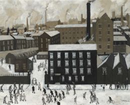 Geoffrey Woolsey Birks (1929-1993) "The Foundry Gates" Signed and dated (19)74, oil on board, 48cm