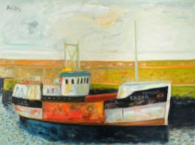 John Bellany CBE, RA (1942-2013) Scottish Fishing boat in a harbour Signed, oil on canvas, 90cm by