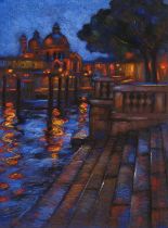 John Mackie (b.1953) Santa Maria della Salute, Venice by night Signed, pastel, 79cm by 58cm