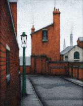 Stuart Walton (b.1933) Street scene with smoking chimneys Signed and dated (20)14, acrylic on