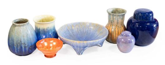 A Ruskin Pottery Crystalline Vase, yellow and blue glaze, impressed RUSKIN ENGLAND 1932, 13cm high
