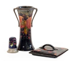 William Moorcroft (1872-1945): A Tudric Pewter and Pomegranate Pattern Twin-Handled Vase, on a
