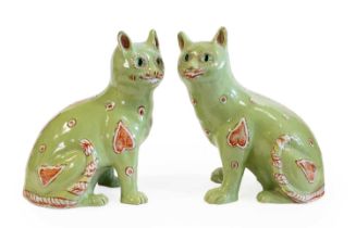 Two Mosanic Faience Pottery Cats, circa 1900, probably made by Mitterteich, modelled seated with