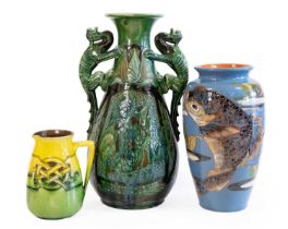 A C.H.Brannam Barum Ware Dragon Handled Vase, dated 1907, incised and painted with fish in tones