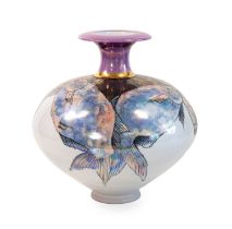 Michael & Barbara Hawkins: A Stoneware Vase, painted with fish and lustre decoration, painted MBH,