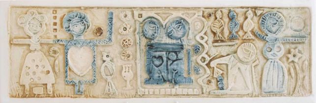 A Troika Pottery Love Plaque, designed by Benny Sirota, rectangular, relief moulded with figures,