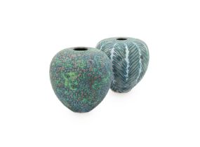 Peter Fraser Beard (b. 1951-): A Stoneware Vessel, wax resist in green and grey glazes, impressed