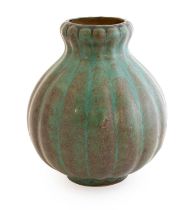 Louis Lourioux (French 1874-1930): A Stoneware Vase, ribbed body, glazed in green, printed factory