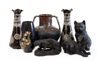 A Bretby Art Pottery Ligna Ware Twin-Handled Vase, with glazed mounted pottery cabochons, stamped