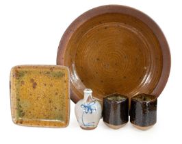Janet Digan (née Stedman) (1945- 1987): A Large Stoneware Dish, ochre glaze, unmarked, 40cm diameter