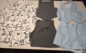A collection of summer wear to include an black and white modern art style blazer, size large.