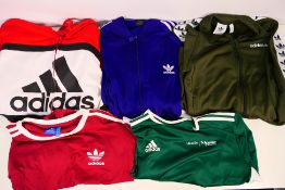 Three Adidas track / hooded tops, sizes M, L and XL and two Adidas training tops (L and XXL),