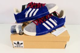 Adidas - A pair of Recouture Campus 80s trainers in blue, white, grey and red, UK size 9,