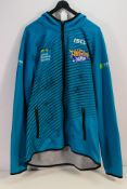A Leeds Rhinos ISC hooded top bearing multiple signatures, size M.