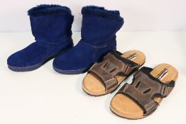 Skechers - A pair of blue suede fur lined boots, UK size 5 and a pair of Memory Foam 360° sandals,