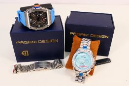 Two Pagani Design wristwatches comprising a chronograph with turquoise dial and a Pagani Sport with