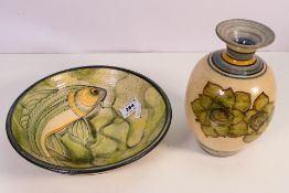 Adrian Brough - Two pieces of studio pottery comprising an earthenware bowl decorated with a fish