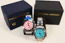 Two Pagani Design Sport Chronograph wristwatches, one with pink dial, the other turquoise,