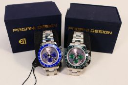 Two Pagani Design Chronograph Sport wristwatches, contained in original boxes with paperwork.