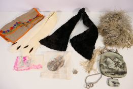 Lot to include a feather boa, bag and purse set, handkerchief, furs and other.