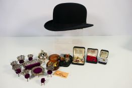 A mixed lot to include scratch built doll's house furniture, an Austin Reed bowler hat,