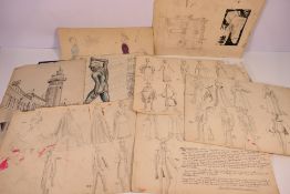 A collection of mid-20th century artist's sketches and drawings, pencil,