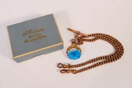 A rose metal (stamped 9ct) watch chain with T-bar and 9ct gold mounted swivel fob, 38 cm (l),