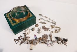A charm bracelet (lacking clasp) with a quantity of white metal charms,