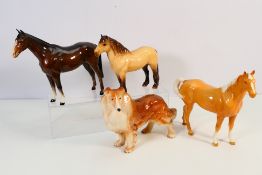 Three Beswick equine studies to include Highland Pony and other and a Melba Ware dog figure,