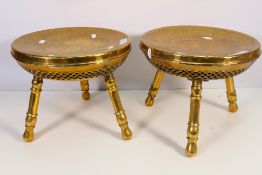 A pair of vintage brass foot stools / warmers (brazier) with engraved decoration