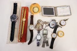 A collection of wristwatches, pocket watches and travel / desk clocks.