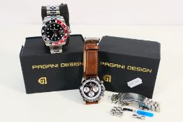 Pagani Design - An automatic wristwatch and a chronograph watch with leather strap and additional