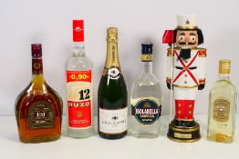 A collection of spirits, liqueur and similar to include Champagne, brandy, Goldwasser,