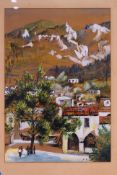 A gouache and ink landscape scene, signed lower right by the artist, mounted and framed under glass,
