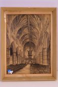 An ink drawing depicting the interior of Exeter Cathedral, signed H W Williams and dated 17/4/39,