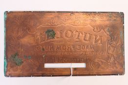 A vintage copper advertising plate for Mapleton's Nut Food Co Ltd, Nutolate, 14 cm x 16 cm.